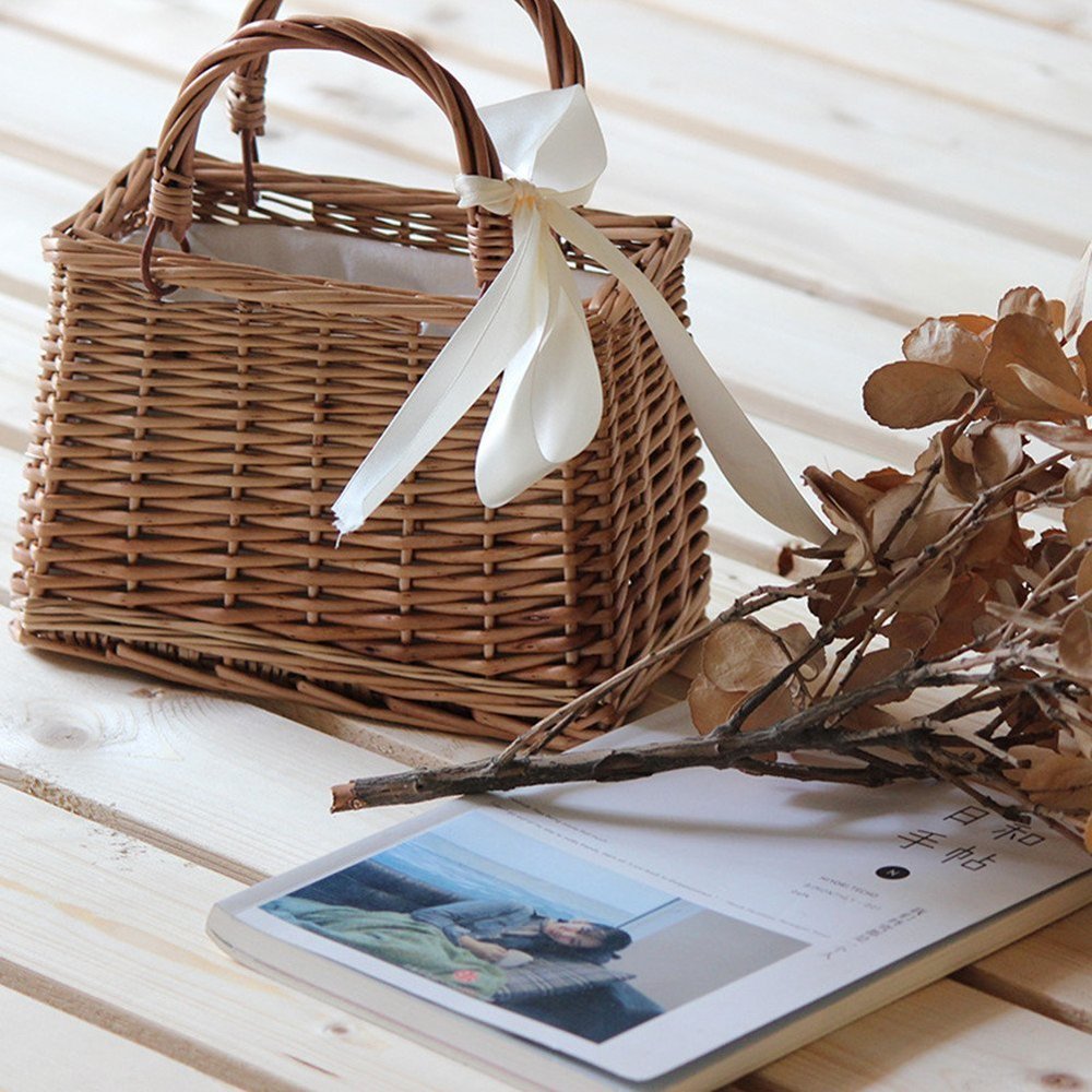 Bow Rattan Woven Bag Straw Bags Top Handle Wicker Baskets Handbags Boho Style o - Picture 6 of 7